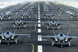 U.S. Air Force F-35A aircraft form up in an "elephant walk" during an exercise at Hill Air Force Base