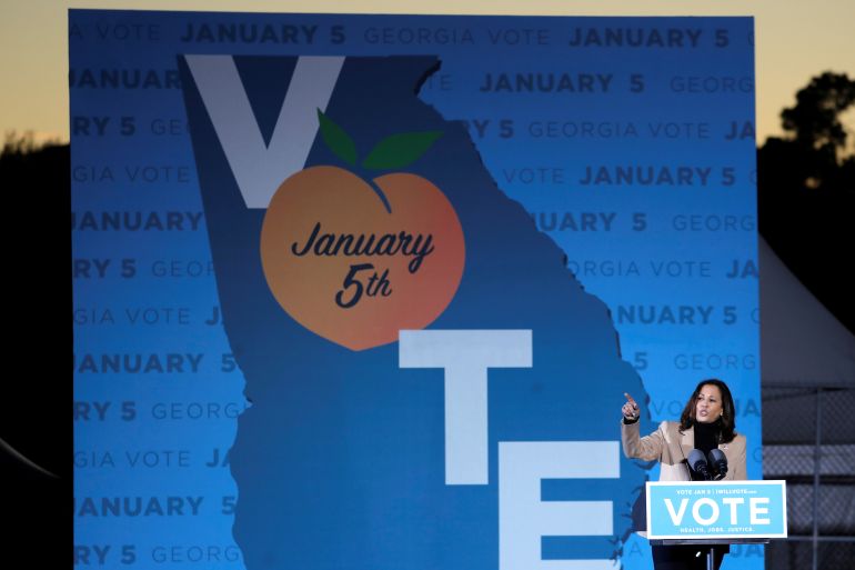 U.S. Vice President-elect Kamala Harris campaigns with Democratic U.S. Senate candidates Jon Ossoff and Raphael Warnock ahead of runoff elections in Savanah