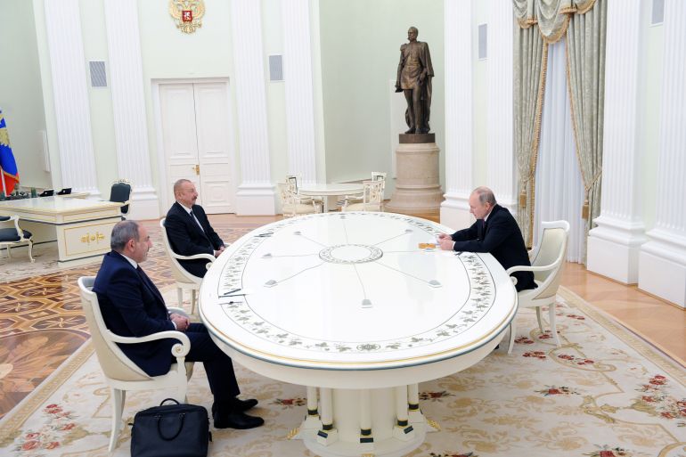 Russia's President Putin meets with Azerbaijan's President Aliyev and Armenia's Prime Minister Pashinyan in Moscow