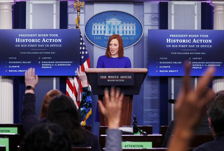 White House Press Secretary Jen Psaki speaks in the James S Brady Press Briefing Room at the White House, after the inauguration of Joe Biden as the 46th President of the United States