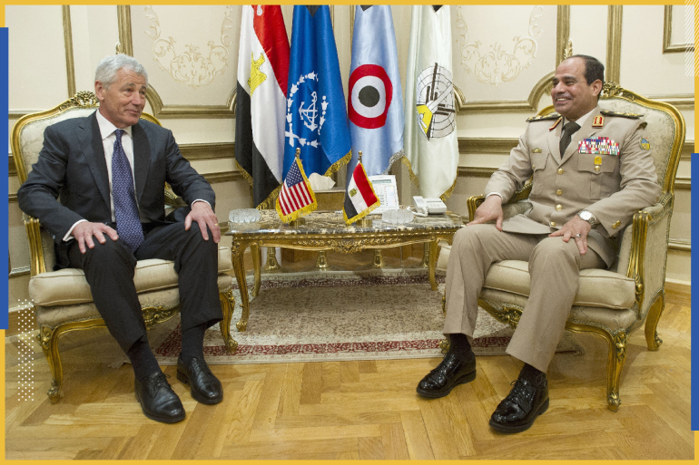 CAIRO, EGYPT - APRIL 24: US Secretary of Defense Chuck Hagel (L) meets with Egyptian Defence Minister General Abdel Fattah al-Sissi at the Ministry of Defense on April 24, 2013 in Cairo, Egypt. The US Defense Secretary is on a six-day regional tour of the Middle East, his first since taking over as Pentagon chief two months ago. The visit is expected to be dominated by concerns over Iran's nuclear programme and Syria's civil war. (Photo by Jim Watson - Pool/Getty Images)