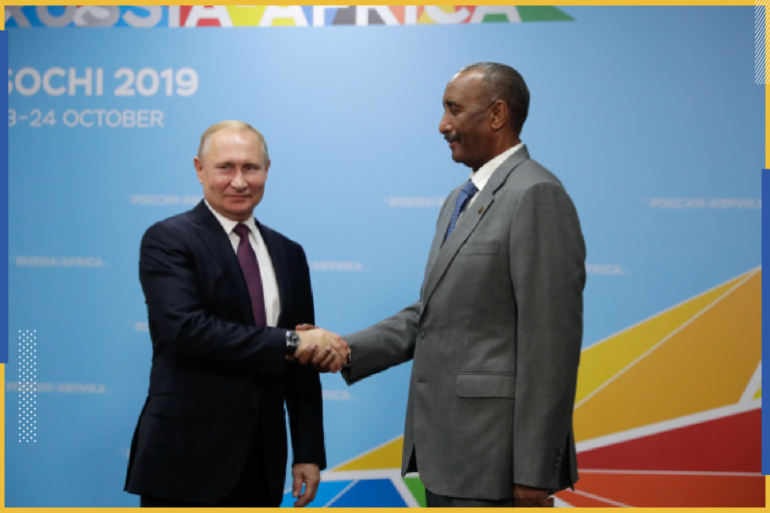 Russia's President Vladimir Putin shakes hands with head of Sudan's transitional sovereign council Abdel Fattah al-Burhan during a meeting on the sidelines of the Russia–Africa Summit in Sochi, Russia October 23, 2019. Sputnik/Mikhail Metzel/Kremlin via REUTERS ATTENTION EDITORS - THIS IMAGE WAS PROVIDED BY A THIRD PARTY.