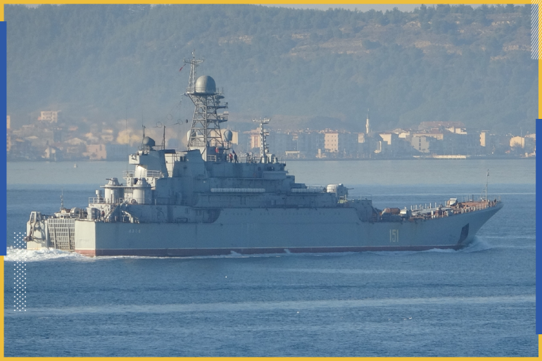 Russian Navy ship passes through Dardanelles Strait- - CANAKKALE, TURKEY - JANUARY 11: The 151 bow numbered ship named "Azov" of Russian Army's Black Sea Fleet passes through the Dardanelles strait in Canakkale, Turkey on January 11, 2020.