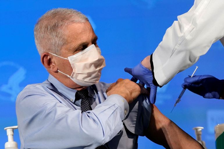 FILE PHOTO: Dr. Anthony Fauci, director of the National Institute of Allergy and Infectious Diseases, prepares to receive his first dose of the new Moderna COVID-19 vaccine at the National Institutes of Health, in Bethesda, U.S., December 22, 2020. Patrick Semansky/Pool via REUTERS/File Photo