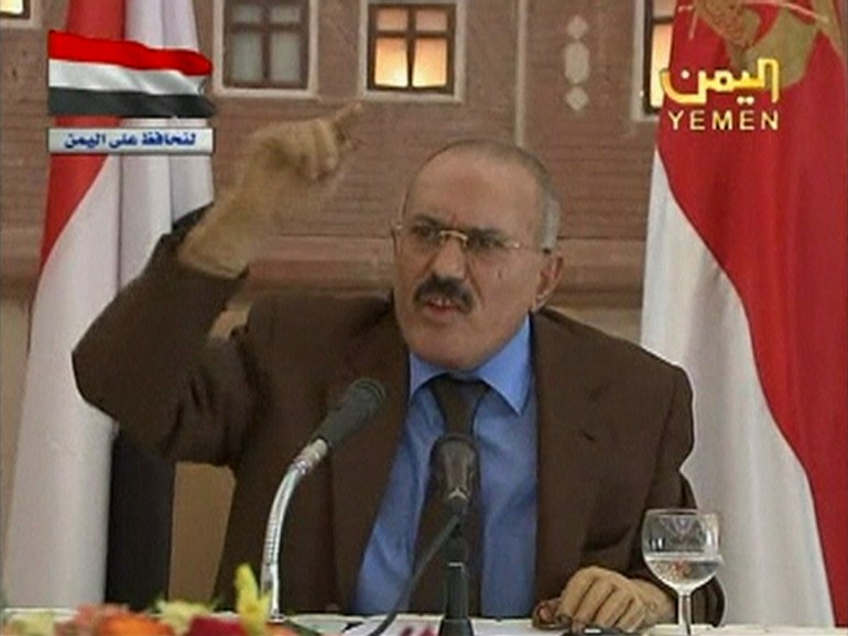 Yemen's President Ali Abdullah Saleh delivers his speech on state television in this still image taken from video