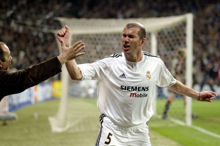 REAL MADRID'S ZIDANE CELEBRATES GOAL AGAINST BAYERN MUNICH DURING CHAMPIONS LEAGUE MATCH IN MADRID.