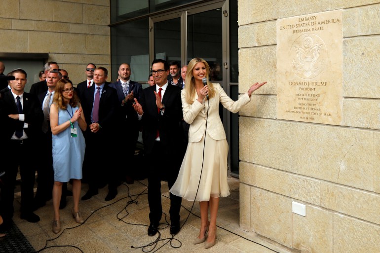 Senior White House Adviser Ivanka Trump and U.S. Treasury Secretary Steven Mnuchin stand next to the dedication plaque at the U.S. embassy in Jerusalem, during the dedication ceremony of the new U.S. embassy in Jerusalem