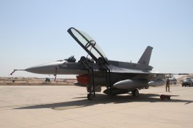 U.S. F-16 fighter jet arrives at a military base in Balad, north of Baghdad
