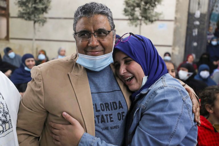 Journalist Mahmoud Hussein released by Egyptian authorities after four years in detention accused of publishing false news, in Abou Al Nomros, in Giza