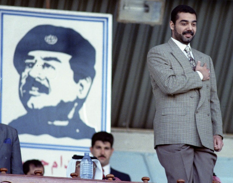 Udai Saddam Hussein, eldest son of President Saddam Hussein, greets the teams and supporters at the ..