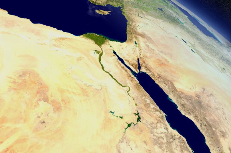 Egypt with surrounding region as seen from Earth's orbit in space. 3D illustration with highly detailed realistic planet surface and clouds in the atmosphere. Elements of this image furnished by NASA.; Shutterstock ID 428991685; Department: -