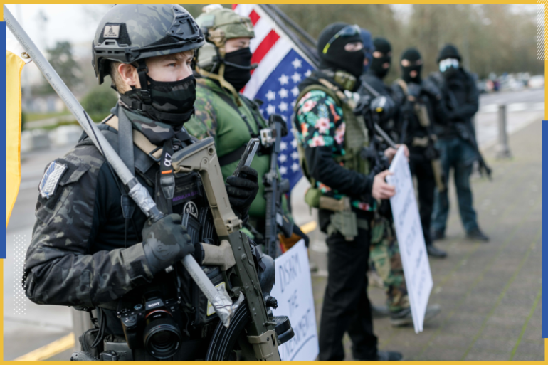 Boogaloo Bois members demonstrate in Oregon- - SALEM, OREGON, USA - JANUARY 17: Members of the far-right extremist movement Boogaloo Bois, stage a demonstration at Oregon’s State Capitol in Salem, Oregon, United States on January 17, 2021.