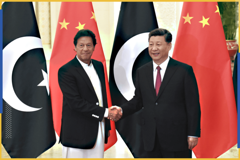 BEIJING, CHINA - APRIL 28: China's President Xi Jinping, right, shakes hands with Pakistan's Prime Minister Imran Khan before a meeting at the Great Hall of the People on April 28, 2019 in Beijing, China. (Photo by Madoka Ikegami-Pool/Getty Images)