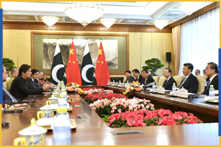 BEIJING, CHINA - OCTOBER 9: Prime Minister Imran Khan (2nd L) of Pakistan meets with Chinese President Xi Jinping (2nd R) at the Diaoyutai State Guesthouse on October 9, 2019 in Beijing, China. (Photo by Parker Song-Pool/Getty Images)