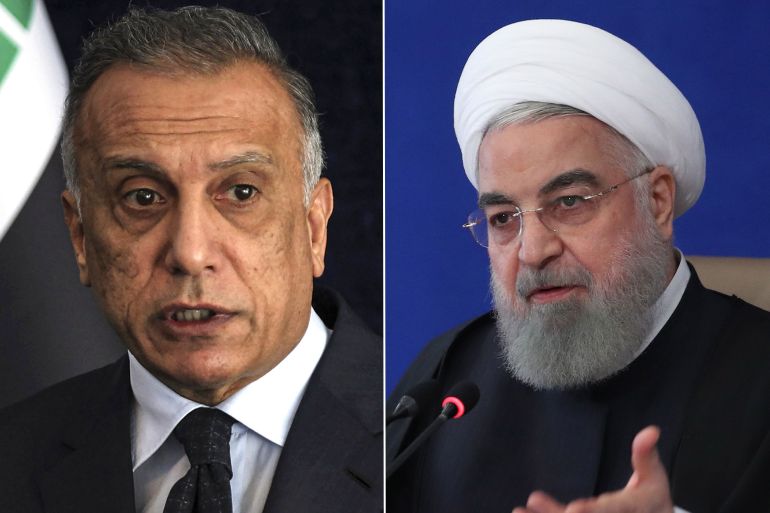 كومبو للرئيس الايراني حسن روحاني ورئيس الوزراء العراقي مصطفى الكاظمي