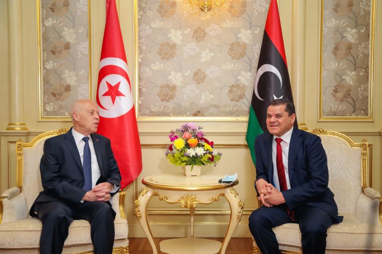 Tunisia's President Kais Saied meets with Libya's Prime Minister Abdulhamid Dbeibeh in Tripoli, Libya March 17, 2021. Media Office of the Prime Minister/Handout via REUTERS ATTENTION EDITORS - THIS IMAGE WAS PROVIDED BY A THIRD PARTY