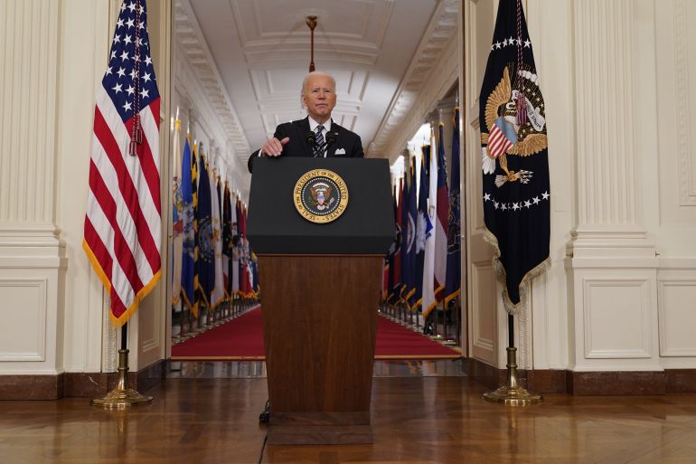 epa09068966 US President Joe Biden delivers a nationally televised address to the nation on the one-year anniversary of the COVID-19 pandemic shutdown in the East Room of the White House in Washington, DC, USA, 11 March 2021. EPA-EFE/Chris Kleponis / POOL