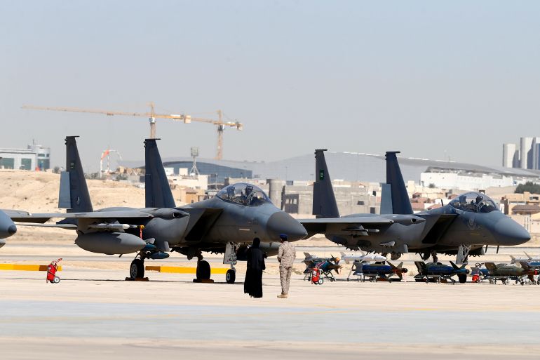 F-15SA fighter jets are seen during a graduation ceremony and air show marking the 50th anniversary of the founding of King Faisal Air College in Riyadh