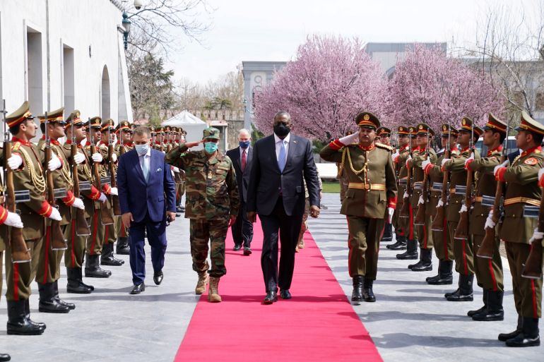 U.S. Secretary of Defense Lloyd Austin walks during his visit in Kabul, Afghanistan March 21, 2021. Presidential Palace/Handout via REUTERS THIS IMAGE HAS BEEN SUPPLIED BY A THIRD PARTY. NO RESALES. NO ARCHIVES