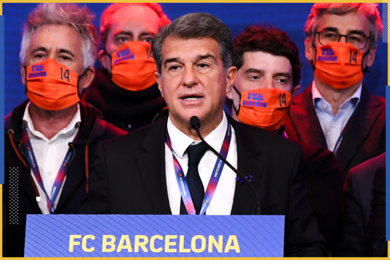 BARCELONA, SPAIN - MARCH 07: New FC Barcelona President Joan Laporta faces the media during a press conference following his victory in the FC Barcelona President Elections at Camp Nou on March 07, 2021 in Barcelona, Spain. (Photo by David Ramos/Getty Images)