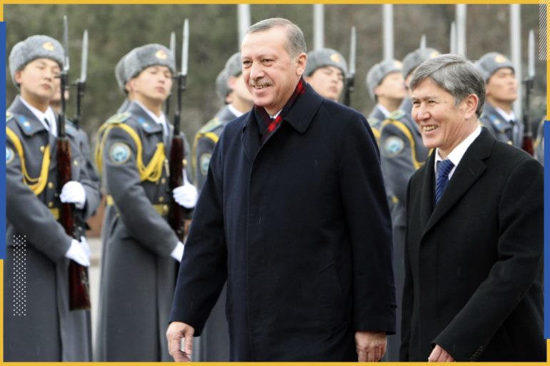 Kyrgyzstan's Prime Minister Almazbek Atambayev (R) and his Turkish counterpart Tayyip Erdogan inspect a guard of honour during a welcoming ceremony in Bishkek February 2, 2011. REUTERS/Vladimir Pirogov (KYRGYZSTAN - Tags: POLITICS)