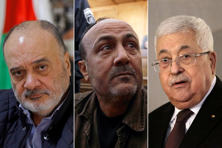 الرئيس الفلسطيني محمود عباس (يمين) والأسير مروان البرغوثي (وسط) والقيادي المفصول من فتح ناصر القدوة (رويترز)