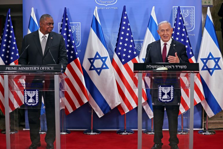 Israeli Prime Minister Benjamin Netanyahu and U.S. Secretary of Defense Lloyd Austin deliver joint statement after meeting at Netanyahu's office in Jerusalem