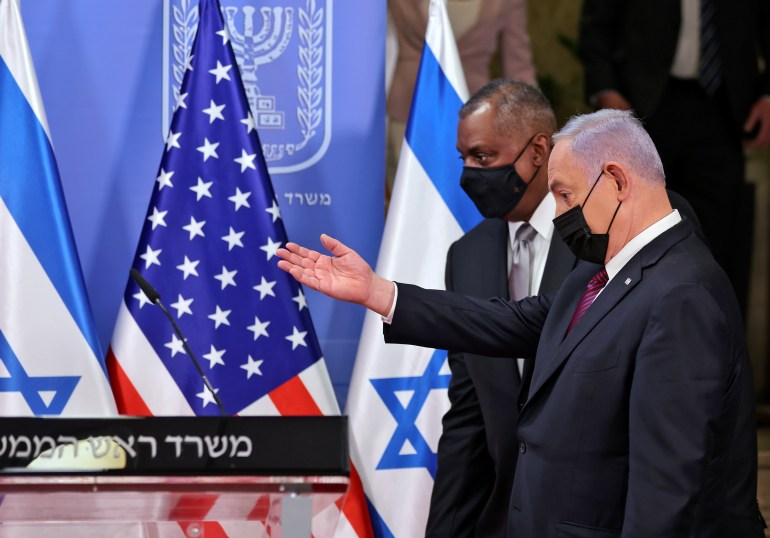 Israeli Prime Minister Benjamin Netanyahu and U.S. Secretary of Defense Lloyd Austin deliver joint statement after meeting at Netanyahu's office in Jerusalem