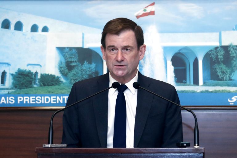 U.S. Under Secretary of State for Political Affairs David Hale speaks after meeting with Lebanon's President Michel Aoun at the presidential palace in Baabda