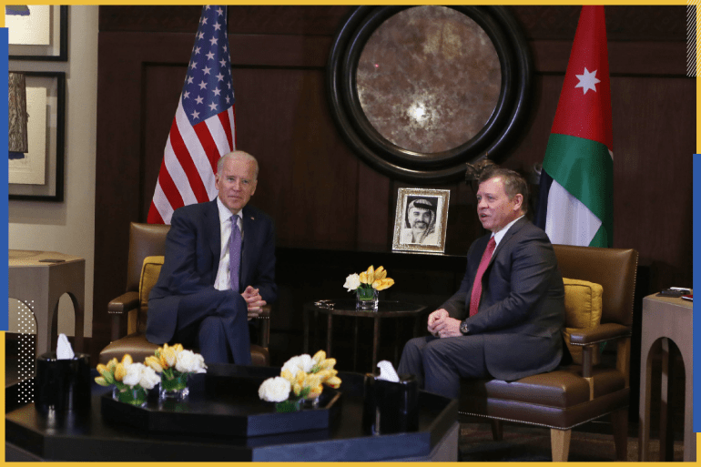 AMMAN, JORDAN - MARCH 10: U.S Vice President Joe Biden (L) meets Jordan's King Abdullah II (R) upon his arrival at Al- Husseineya palace on March 10, 2016 in Amman, Jordan. This is the final stop on Biden's Middle East tour that also took in Israel and the Palestinian territories. ( Photo by Jordan Pix/Getty Images)