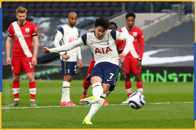 LONDON, ENGLAND - APRIL 21: Son Heung-Min of Tottenham Hotspur scores their side's second goal from the penalty spot during the Premier League match between Tottenham Hotspur and Southampton at Tottenham Hotspur Stadium on April 21, 2021 in London, England. Sporting stadiums around the UK remain under strict restrictions due to the Coronavirus Pandemic as Government social distancing laws prohibit fans inside venues resulting in games being played behind closed doors. (Photo by Clive Rose/Getty Images)