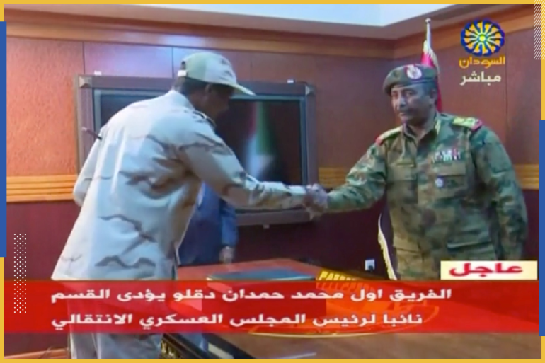 Sudan's General Abdelfattah Mohamed Hamdan Dagalo, known as "Hemeti", head of the Rapid Support Forces, is sworn-in as the appointed deputy of Sudan's transitional military council, standing before the head of transitional council, Lieutenant General Abdel Fattah Al-Burhan Abdelrahman (R) in Khartoum, Sudan April 13, 2019 in this still image taken from video. Sudan TV/ReutersTV via REUTERS ATTENTION EDITORS - THIS IMAGE HAS BEEN SUPPLIED BY A THIRD PARTY. SUDAN OUT. NO COMMERCIAL OR EDITORIAL SALES IN SUDAN. TV Restrictions: Broadcasters: NO USE SUDAN Digital: NO USE SUDAN . For Reuters customers only.