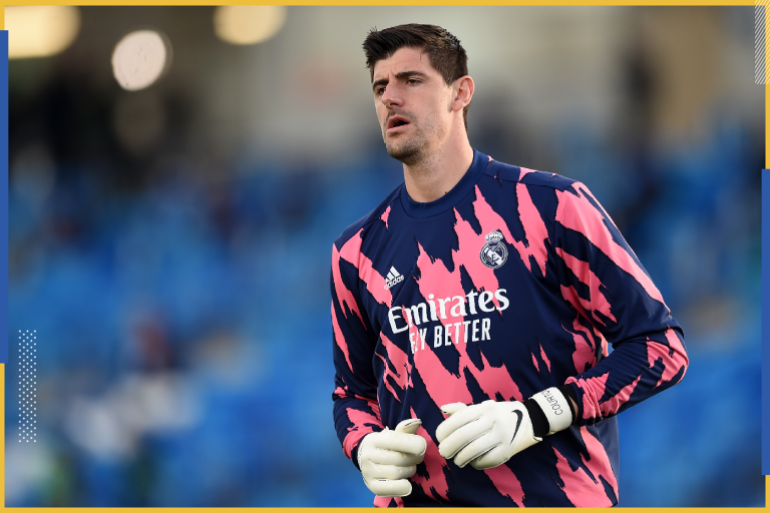 MADRID, SPAIN - MAY 09: Thibaut Courtois of Real Madrid warms up prior to the La Liga Santander match between Real Madrid and Sevilla FC at Estadio Alfredo Di Stefano on May 09, 2021 in Madrid, Spain. Sporting stadiums around Spain remain under strict restrictions due to the Coronavirus Pandemic as Government social distancing laws prohibit fans inside venues resulting in games being played behind closed doors. (Photo by Denis Doyle/Getty Images)