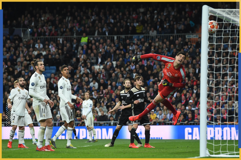 MADRID, SPAIN - MARCH 05: Thibaut Courtois of Real Madrid CF fails to save a goal from Lasse Schone of Ajax (not in picture) during the UEFA Champions League Round of 16 Second Leg match between Real Madrid and Ajax at Bernabeu on March 05, 2019 in Madrid, Spain. (Photo by David Ramos/Getty Images)