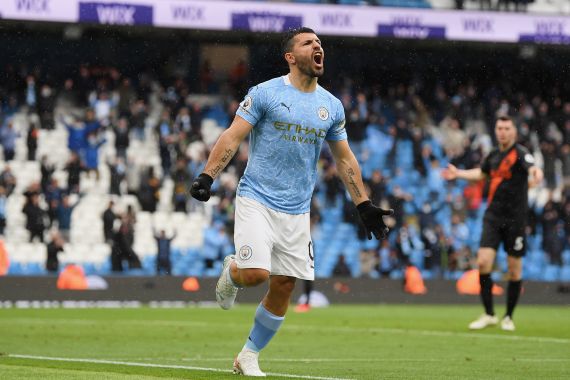 Manchester City v Everton - Premier League MANCHESTER, ENGLAND - MAY 23: Sergio Aguero of Manchester City celebrates after scoring his team's fifth goal during the Premier League match between Manchester City and Everton at Etihad Stadium on May 23, 2021 in Manchester, England. A limited number of fans will be allowed into Premier League stadiums as Coronavirus restrictions begin to ease in the UK. (Photo by Michael Regan/Getty Images)