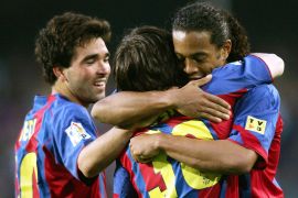 Barcelona's players Ronaldinho, Deco and Messi celebrate after team's second goal against Albacete ... Barcelona's players Ronaldinho, Deco and Messi celebrate after team's second goal against Albacete during Spanish first division soccer match at Nou Camp stadium in Barcelona. Barcelona's players Ronaldinho (R), Anderson Deco (L) and Leo Messi celebrate after the team's second goal against Albacete during their Spanish first division soccer match at the Nou Camp stadium in Barcelona, Spain, May 1, 2005. Barcelona won 2-0. REUTERS/ Albert Gea