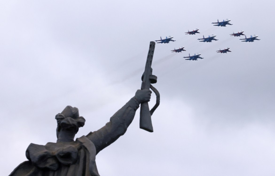Russian MiG-29 fighter jets in a parade formation on Victory Day (Reuters)