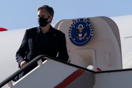 U.S. Secretary of State Antony Blinken boards his plane upon departure from Queen Alia International Airport en route back to Washington