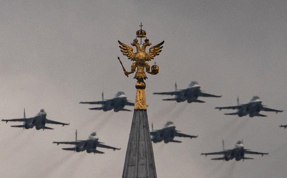 Russian Sukhoi fighters flying over the Kremlin (European) towers