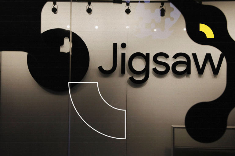A logo for the Jigsaw incubator within Alphabet is photographed on the wall of their offices in New York, U.S., November 14, 2017. REUTERS/Lucas Jackson
