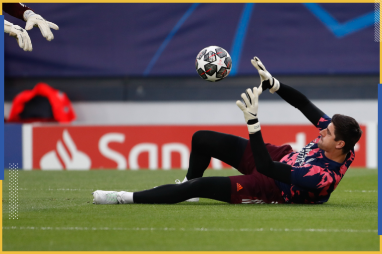 Real Madrid v Chelsea - UEFA Champions League- - MADRID, SPAIN - APRIL 27: Thibaut Courtois of Real Madrid warms up ahead of UEFA Champions League semi-final first leg match between Real Madrid and Chelsea FC at Alfredo Di Stefano Stadium in Madrid, Spain on April 27, 2021.
