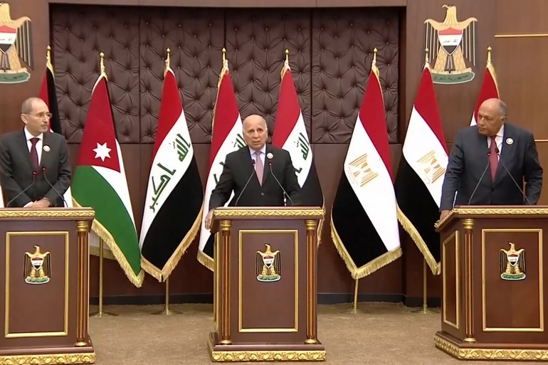 مؤتمر صحفي مشترك لوزراء خارجية العراق والأردن ومصر