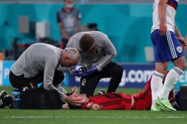 Belgium v Russia - UEFA Euro 2020: Group B SAINT PETERSBURG, RUSSIA - JUNE 12: Timothy Castagne of Belgium receives medical attention during the UEFA Euro 2020 Championship Group B match between Belgium and Russia on June 12, 2021 in Saint Petersburg, Russia. (Photo by Evgenia Novozhenina - Pool/Getty Images)