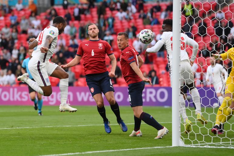Czech Republic v England - UEFA Euro 2020: Group D LONDON, ENGLAND - JUNE 22: Raheem Sterling of England scores their team's first goal during the UEFA Euro 2020 Championship Group D match between Czech Republic and England at Wembley Stadium on June 22, 2021 in London, England. (Photo by Laurence Griffiths/Getty Images)