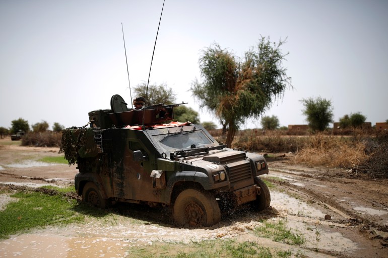 French soldiers in a Small Protected vehicle (PVP) drive in the Gourma region during the Operation Barkhane in Ndaki