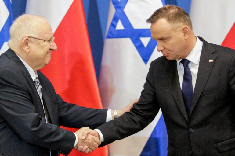 Poland's President Duda and his Israeli counterpart Rivlin make a statement after a ceremony marking the anniversary of the liberation of the former Nazi German concentration and extermination camp Auschwitz in Oswiecim