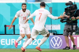 Switzerland v Spain - UEFA Euro 2020: Quarter-final SAINT PETERSBURG, RUSSIA - JULY 02: Jordi Alba of Spain celebrates after scoring their side's first goal as he is filmed by a TV camera operator during the UEFA Euro 2020 Championship Quarter-final match between Switzerland and Spain at Saint Petersburg Stadium on July 02, 2021 in Saint Petersburg, Russia. (Photo by Alexander Hassenstein/Getty Images)