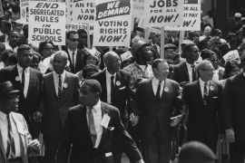 Civil Rights March on Washington, D.C. [Leaders marching from the Washington Monument to the Lincoln Memorial. In the front row, from left are: Whitney M. Young, Jr., Executive Director of the National Urban League; Roy Wilkins, Executive Secretary of the National Association for the Advancement of Colored People; A. Philip Randolph, Brotherhood of Sleeping Car Porters, American Federation of Labor (AFL), and a former vice president of the American Federation of Labor and Congress of Industrial Organizations (AFL-CIO); Walter P. Reuther, President, United Auto Workers Union; and Arnold Aronson, Secretary of the Leadership Conference on Civil Rights.]