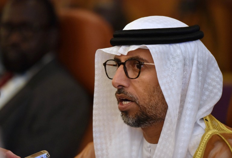 UAE Energy Minister Suhail bin Mohammed al-Mazroui speaks to the media before the OPEC 14th Meeting of the Joint Ministerial Monitoring Committee in Jeddah