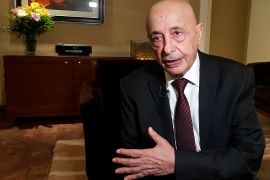 Aguila Saleh, Head of East Libya Parliament, speaks during an interview with Reuters in Cairo